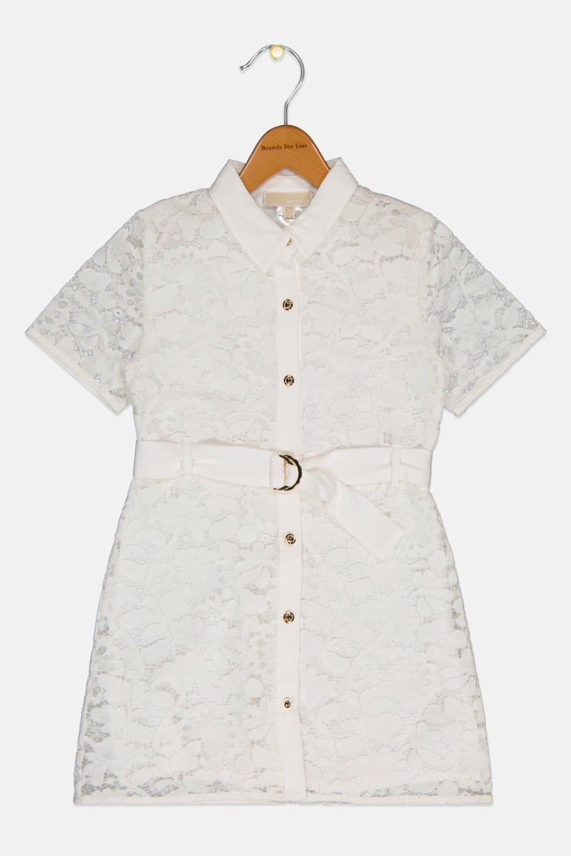 Michael Kors Kids Girl Textured Belted Dress, White - Image 2