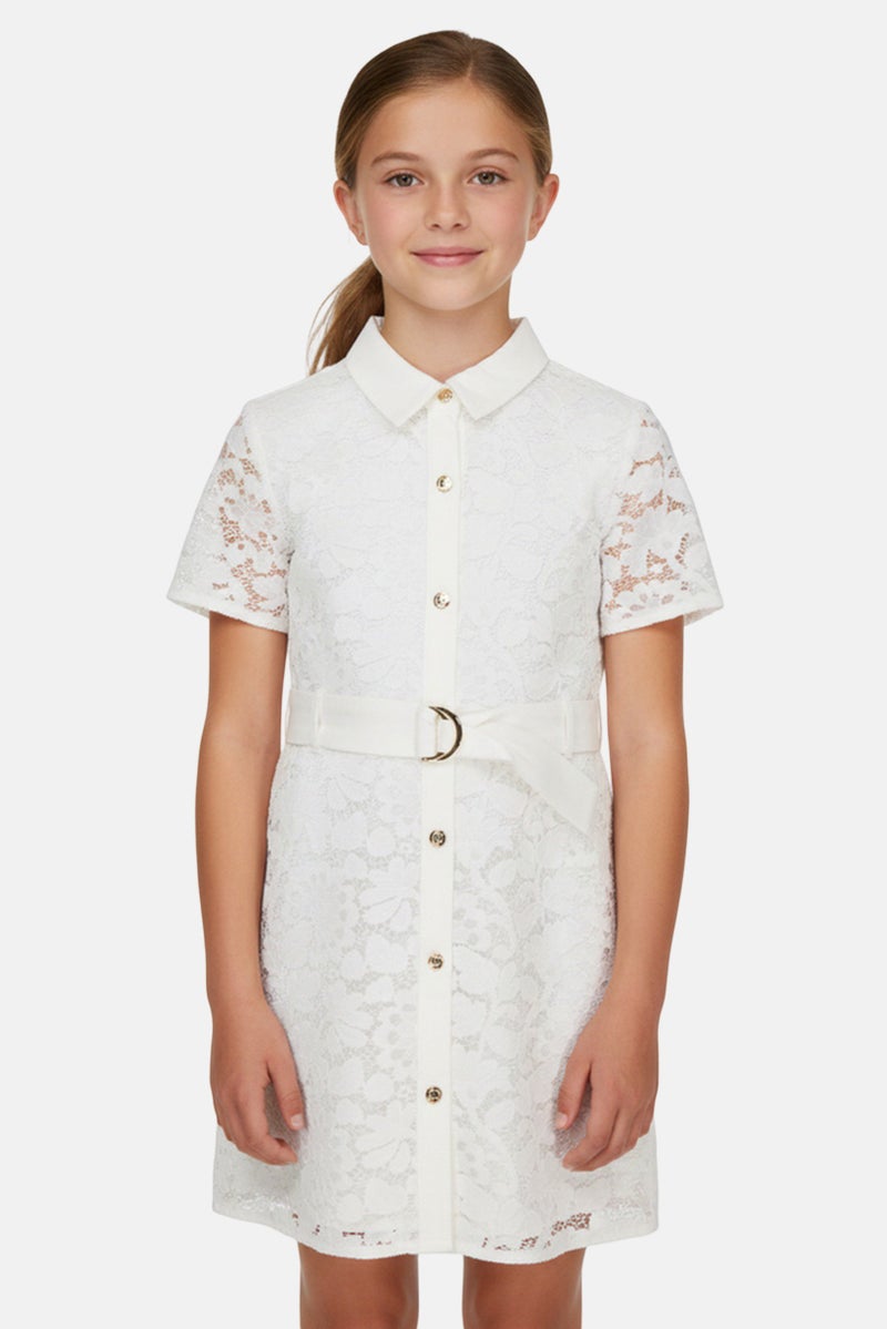 Michael Kors Kids Girl Textured Belted Dress, White - Image 1