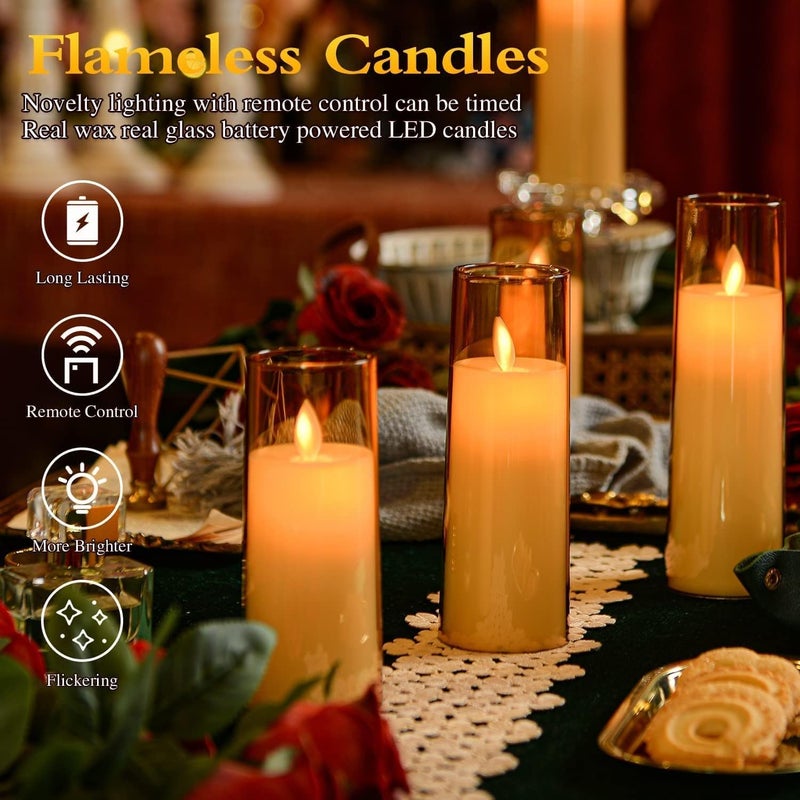LTETTES Flickering Flameless LED Candles | Battery Operated Acrylic Fiber Pillars | Remote Control with Timer | Gold Set of 9 (D-2.3" x H-5.5", 6.5", 7.5") | Safe Decorative Lighting - Image 4
