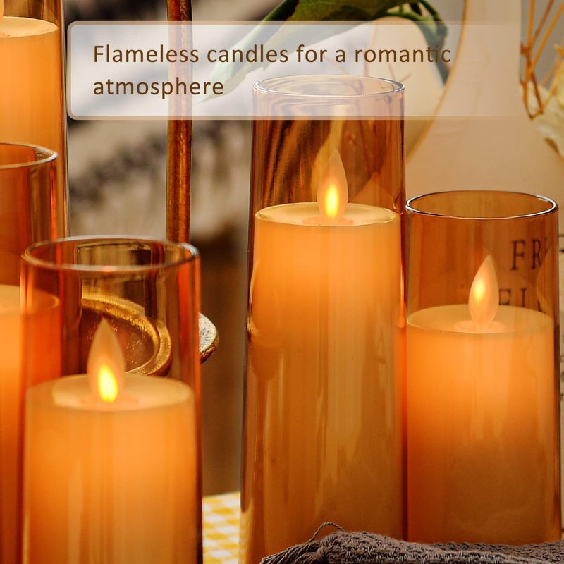 LTETTES Flickering Flameless LED Candles | Battery Operated Acrylic Fiber Pillars | Remote Control with Timer | Gold Set of 9 (D-2.3" x H-5.5", 6.5", 7.5") | Safe Decorative Lighting - Image 2
