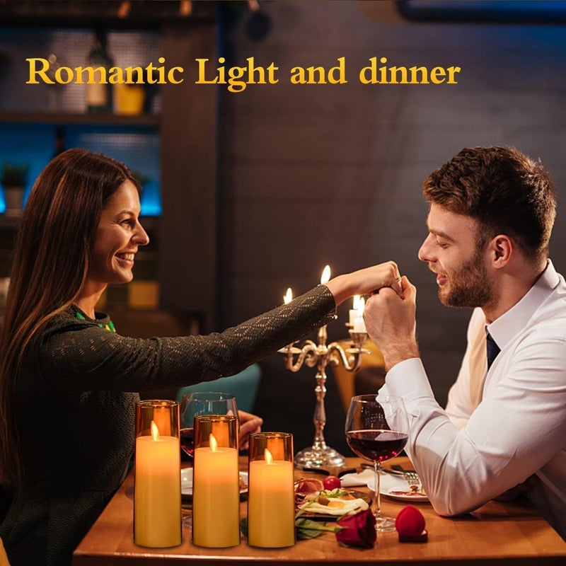 LTETTES Flickering Flameless LED Candles | Battery Operated Acrylic Fiber Pillars | Remote Control with Timer | Gold Set of 9 (D-2.3" x H-5.5", 6.5", 7.5") | Safe Decorative Lighting - Image 3