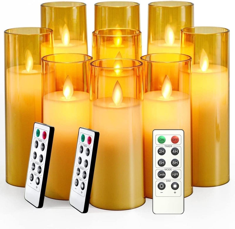 LTETTES Flickering Flameless LED Candles | Battery Operated Acrylic Fiber Pillars | Remote Control with Timer | Gold Set of 9 (D-2.3" x H-5.5", 6.5", 7.5") | Safe Decorative Lighting - Image 1