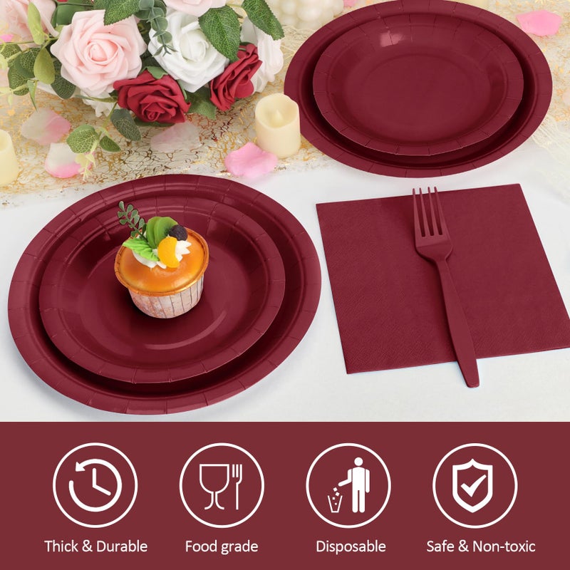 CENLBJ Burgundy Plates and Napkins Party Supplies, Include 9â€™â€™Disposable Burgundy Paper Plate, 7â€™â€™Dessert Plates and Cups and Napkins Forks Set for Birthday, Anniversaries, Wedding, Serves 25 - Image 3