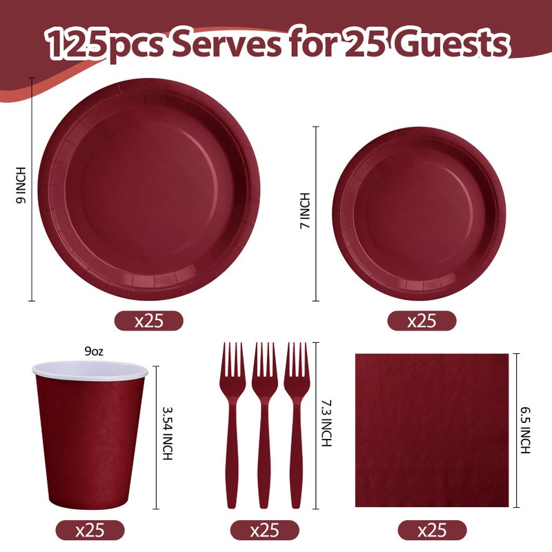 CENLBJ Burgundy Plates and Napkins Party Supplies, Include 9â€™â€™Disposable Burgundy Paper Plate, 7â€™â€™Dessert Plates and Cups and Napkins Forks Set for Birthday, Anniversaries, Wedding, Serves 25 - Image 2