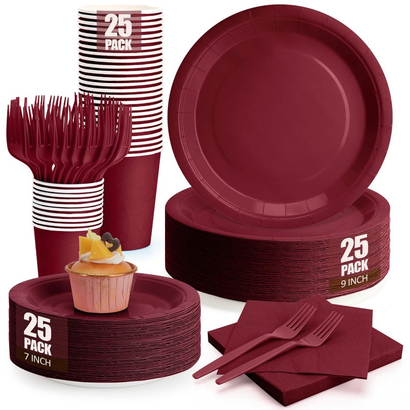 CENLBJ Burgundy Plates and Napkins Party Supplies, Include 9â€™â€™Disposable Burgundy Paper Plate, 7â€™â€™Dessert Plates and Cups and Napkins Forks Set for Birthday, Anniversaries, Wedding, Serves 25 - Image 1