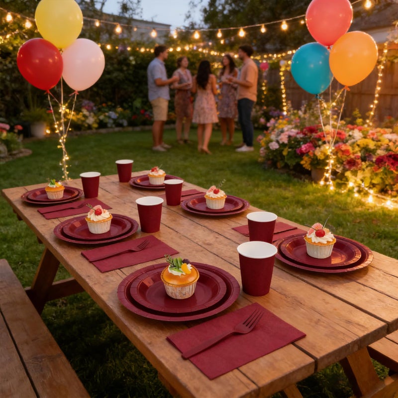 CENLBJ Burgundy Plates and Napkins Party Supplies, Include 9â€™â€™Disposable Burgundy Paper Plate, 7â€™â€™Dessert Plates and Cups and Napkins Forks Set for Birthday, Anniversaries, Wedding, Serves 25 - Image 5