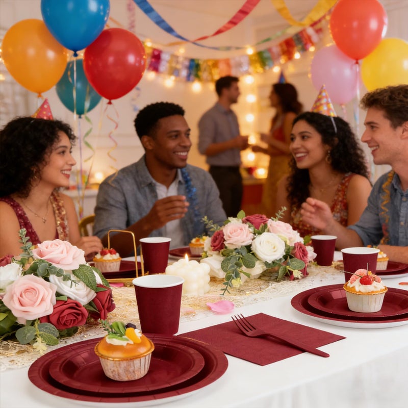 CENLBJ Burgundy Plates and Napkins Party Supplies, Include 9â€™â€™Disposable Burgundy Paper Plate, 7â€™â€™Dessert Plates and Cups and Napkins Forks Set for Birthday, Anniversaries, Wedding, Serves 25 - Image 4