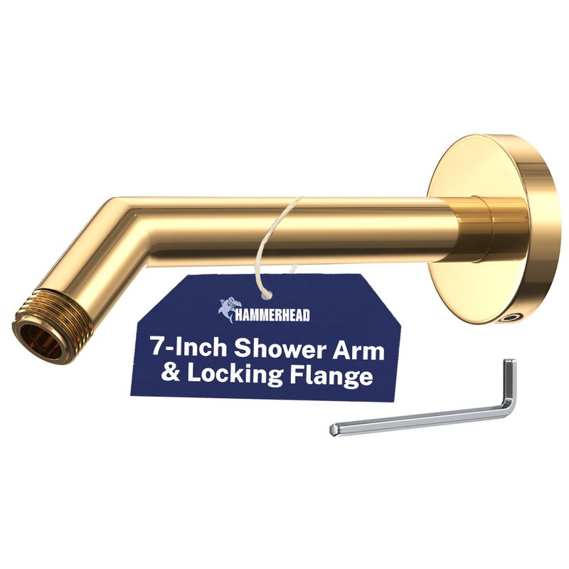 HammerHead Showers HammerHead Solid Metal Shower Arm and Flange 75 Inch 304 Stainless Steel Extension Pipe Universal Shower Head Arm with Flange and Locking Screw Polished Brass - Image 2