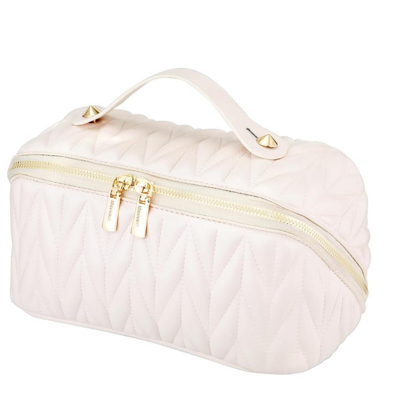 Luckam Makeup Bag, Large Capacity Cosmetic Bags for Women, PU Leather Portable Makeup Organiser Bag, Open Lay Flat Checkered Makeup Bag, Waterproof Toiletry Bag Wash Bag for Women Girls (White) - Image 1