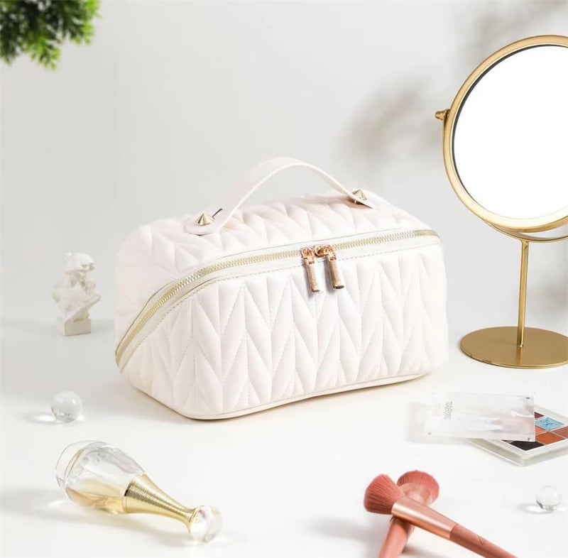 Luckam Makeup Bag, Large Capacity Cosmetic Bags for Women, PU Leather Portable Makeup Organiser Bag, Open Lay Flat Checkered Makeup Bag, Waterproof Toiletry Bag Wash Bag for Women Girls (White) - Image 2