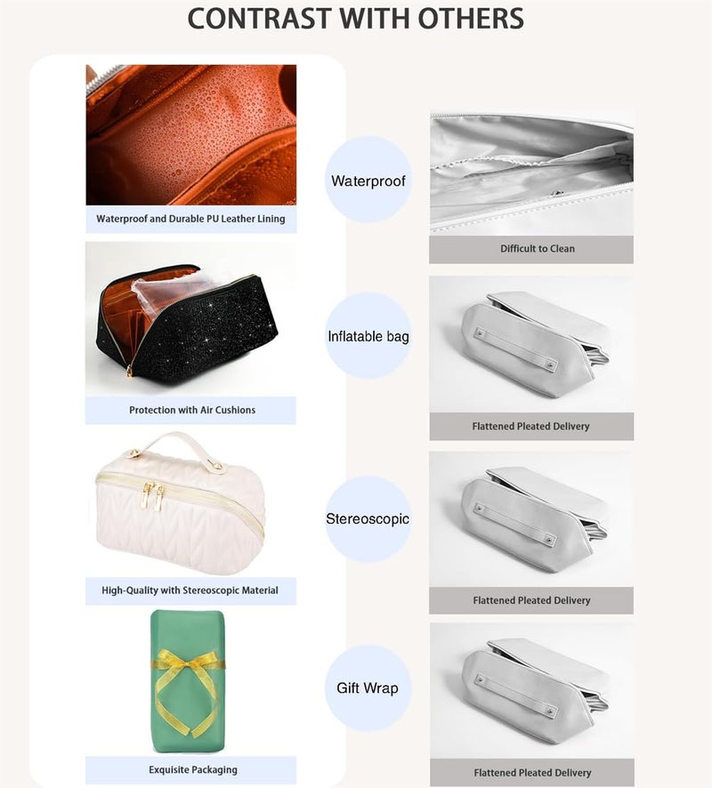 Luckam Makeup Bag, Large Capacity Cosmetic Bags for Women, PU Leather Portable Makeup Organiser Bag, Open Lay Flat Checkered Makeup Bag, Waterproof Toiletry Bag Wash Bag for Women Girls (White) - Image 5