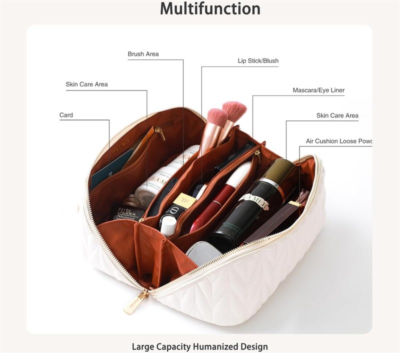 Luckam Makeup Bag, Large Capacity Cosmetic Bags for Women, PU Leather Portable Makeup Organiser Bag, Open Lay Flat Checkered Makeup Bag, Waterproof Toiletry Bag Wash Bag for Women Girls (White) - Image 3