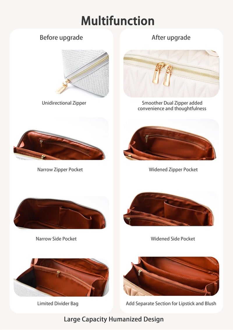 Luckam Makeup Bag, Large Capacity Cosmetic Bags for Women, PU Leather Portable Makeup Organiser Bag, Open Lay Flat Checkered Makeup Bag, Waterproof Toiletry Bag Wash Bag for Women Girls (White) - Image 4