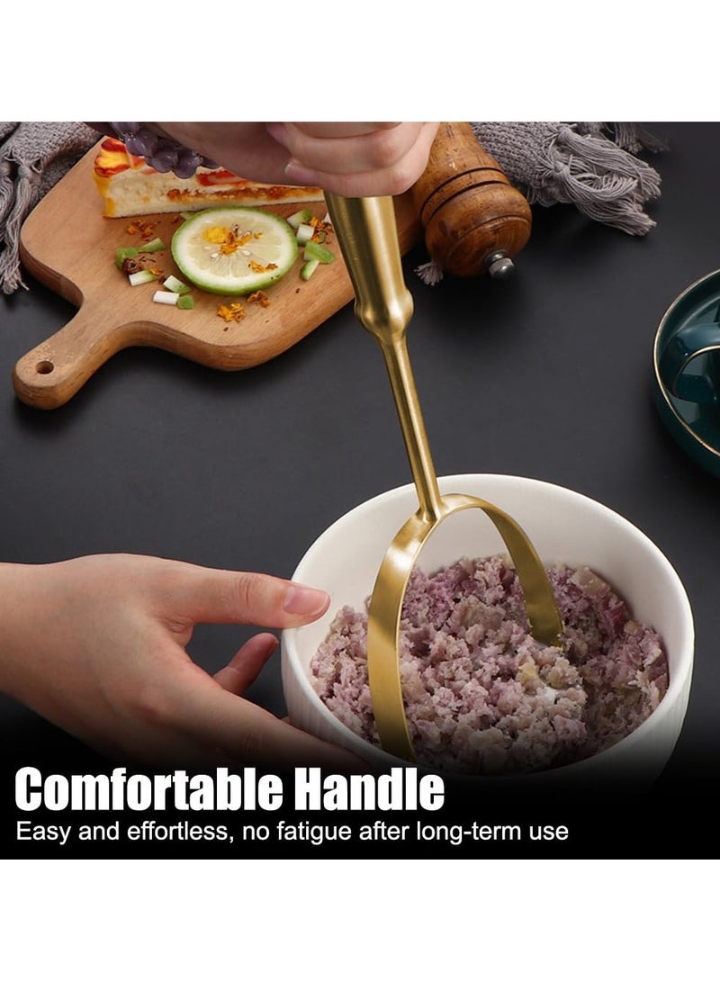 Golden Potato Masher Stainless Steel Heavy Duty Ergonomic Handle for Mashed Potatoes Avocado Ground Beef & Beans Dishwasher Safe Kitchen Tool (Round Style Short Handle)  - Image 2