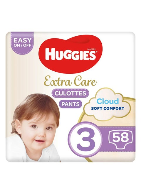 Huggies Extra Care Culottes, Snug Fit, Absorbent Material, Gentle on Skin, Size 3 - 58 Pant Style Diapers