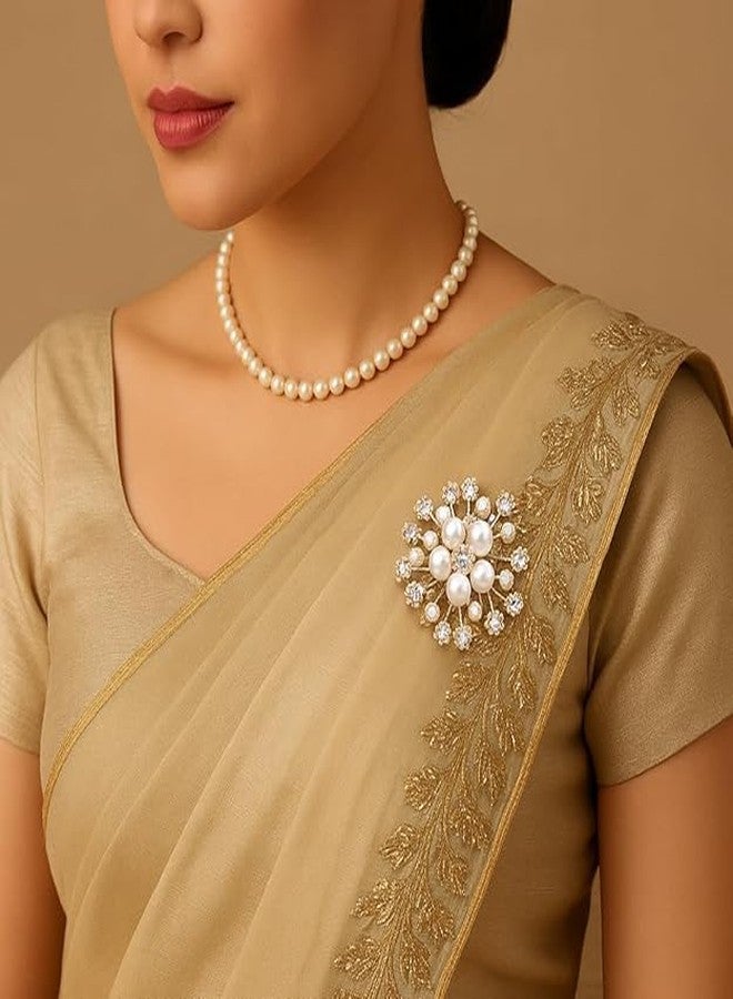 GOMNIK Pearl & Crystal Flower Brooch Pin for Women | Elegant Rhinestone Wedding Brooch for Saree, Dress, Shawl & Scarf | Luxury Floral Brooch Jewelry for Party, Engagement & Bridal Wear - Image 3