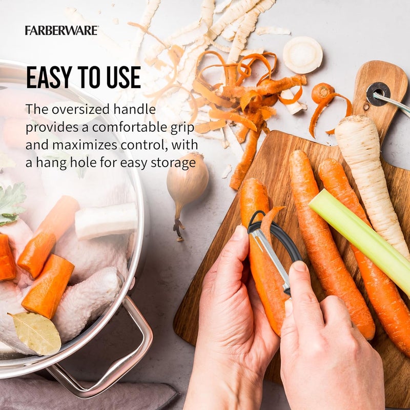 Farberware مقشرة يورو، أداة مطبخ أساسية لتقشير الفواكه والخضروات والشوكولاتة والأجبان بسهولة وسرعة. تحتوي على ثقب للتعليق لتسهيل التخزين، آمنة للغسالة، باللون الأسود. - Image 4