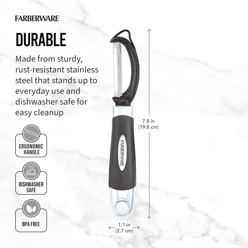 Farberware مقشرة يورو، أداة مطبخ أساسية لتقشير الفواكه والخضروات والشوكولاتة والأجبان بسهولة وسرعة. تحتوي على ثقب للتعليق لتسهيل التخزين، آمنة للغسالة، باللون الأسود. - Image 1