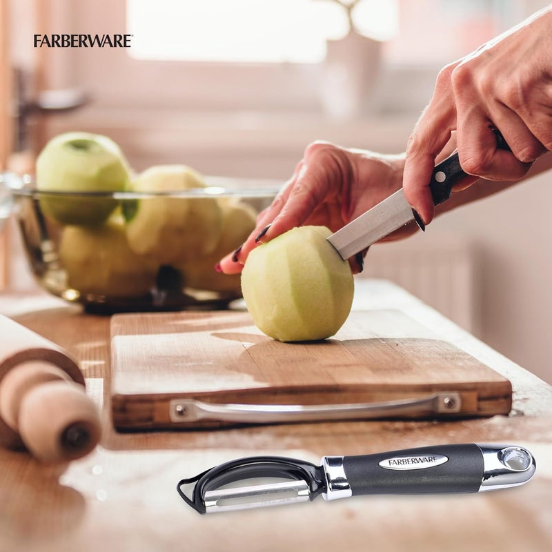Farberware مقشرة يورو، أداة مطبخ أساسية لتقشير الفواكه والخضروات والشوكولاتة والأجبان بسهولة وسرعة. تحتوي على ثقب للتعليق لتسهيل التخزين، آمنة للغسالة، باللون الأسود. - Image 5
