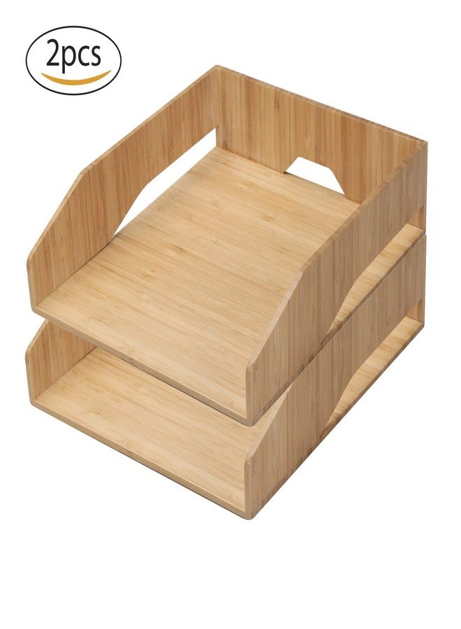 MobileVision 2 Pack Stackable Bamboo Paper Tray Office Organizer for Files, Documents, Letter Sorter, Envelopes and Magazine Holder - Image 2