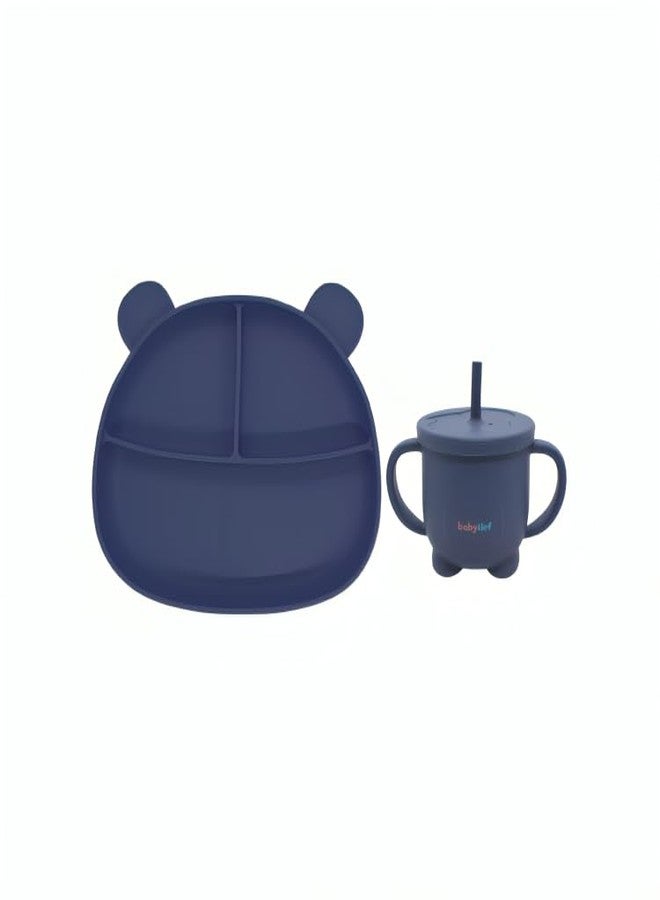 Babylief Baby Feeding Set, Silicone Plate with Suction Base and 2-in-1 (Sippy Cup & Snack Cup) Combo (Navy) - Image 1