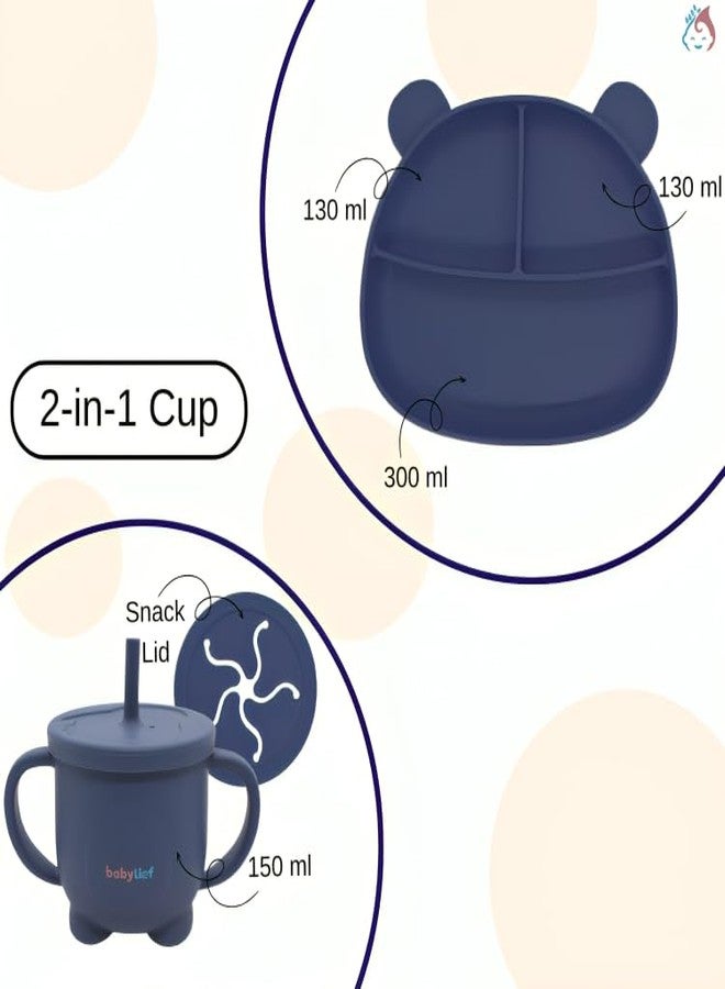 Babylief Baby Feeding Set, Silicone Plate with Suction Base and 2-in-1 (Sippy Cup & Snack Cup) Combo (Navy) - Image 4