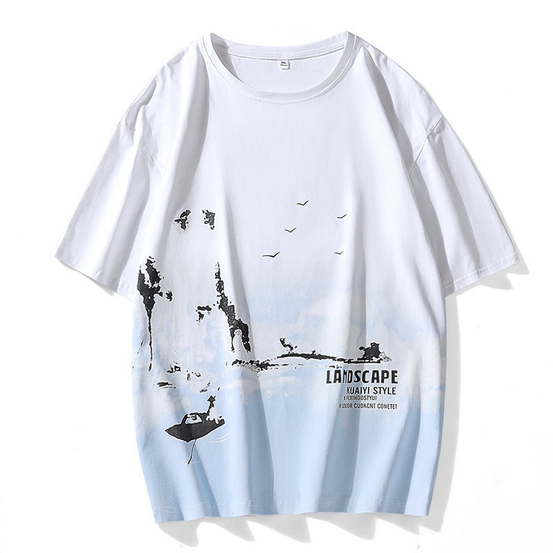 Gradient T-Shirt Boys Summer Trendy Brand Loose Student Round Neck Thin Short Sleeve Summer Top T Men - Image 1