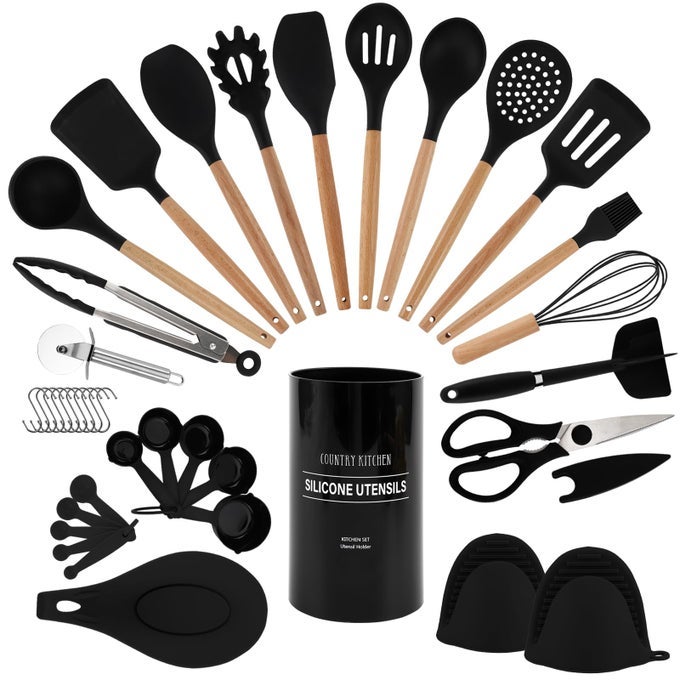 NON STICK SILICONE UTENSIL SET WITH ROUNDED WOOD HANDLES FOR COOKING AND BAKING 38 PIECE SET BLACK
