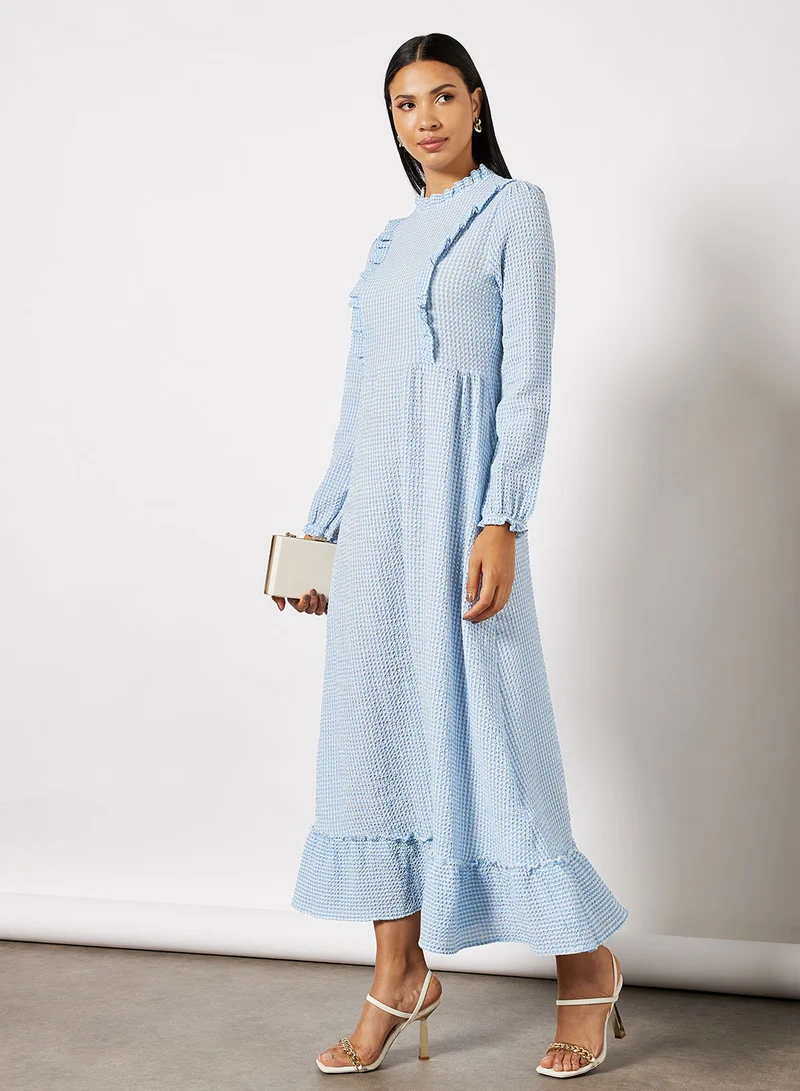 ترينديول Beige Check Crew Neck Ruffle Detailed Woven Dress