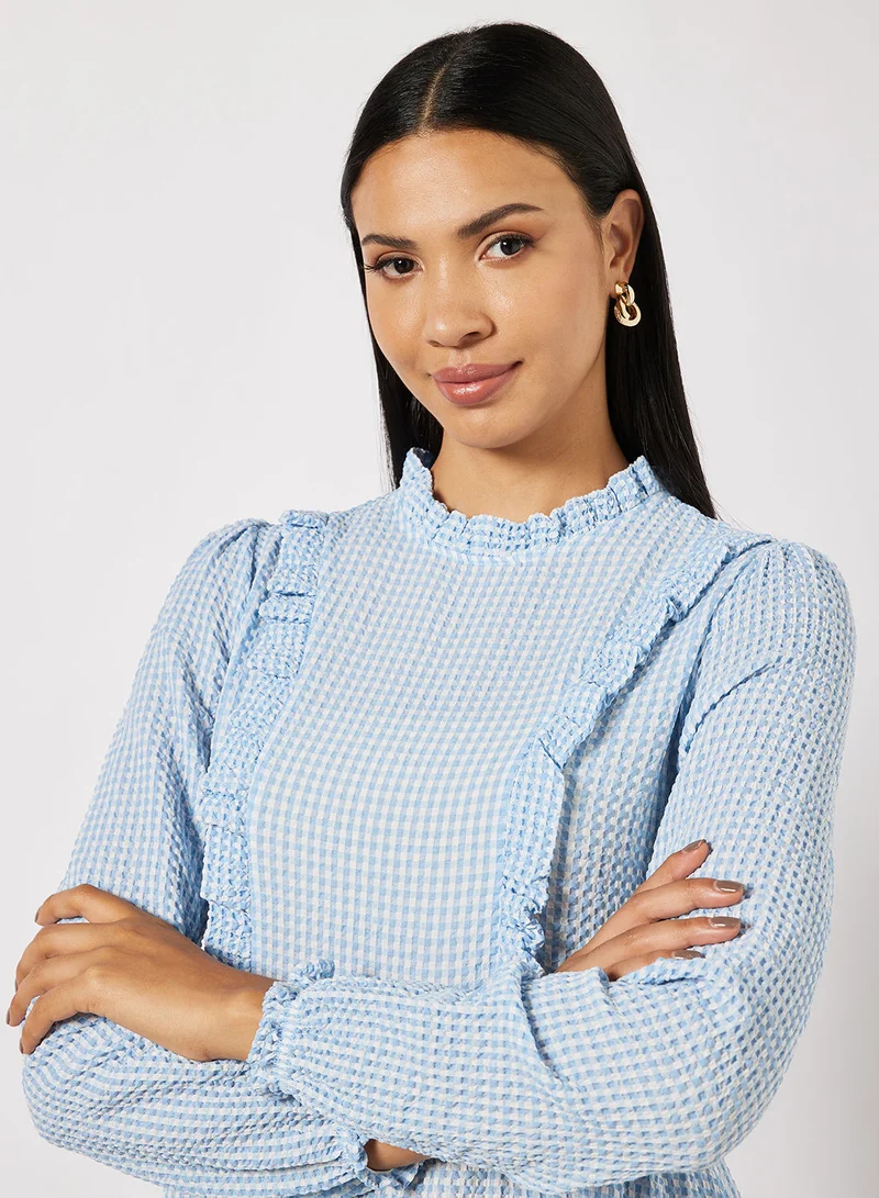 ترينديول Beige Check Crew Neck Ruffle Detailed Woven Dress