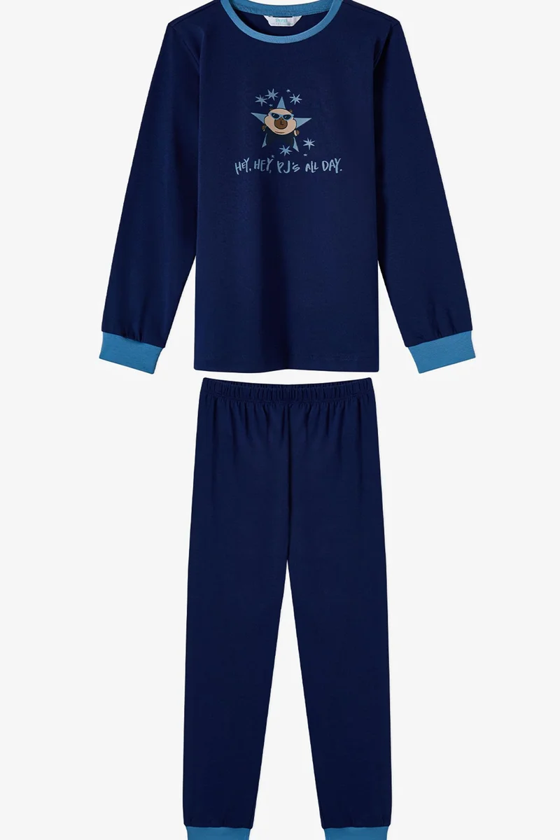 Penti Navy Blue PENTI Boys' Rockstar Capy Cotton Long Sleeve Pajama Set for Men | Best Price UAE