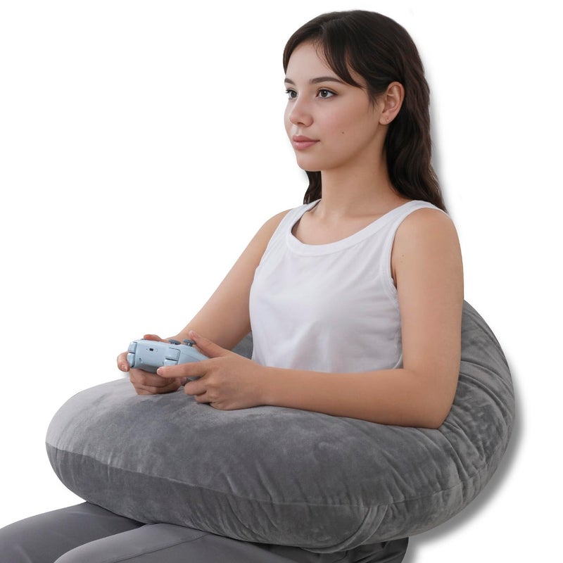 QUEEN ROSE Reading Pillow, Gaming Pillow for Lap, Sitting in Bed or Sofa, Extra Arm Rest for Reading, Playing or Crocheting, Soft Velvet Grey - Image 1