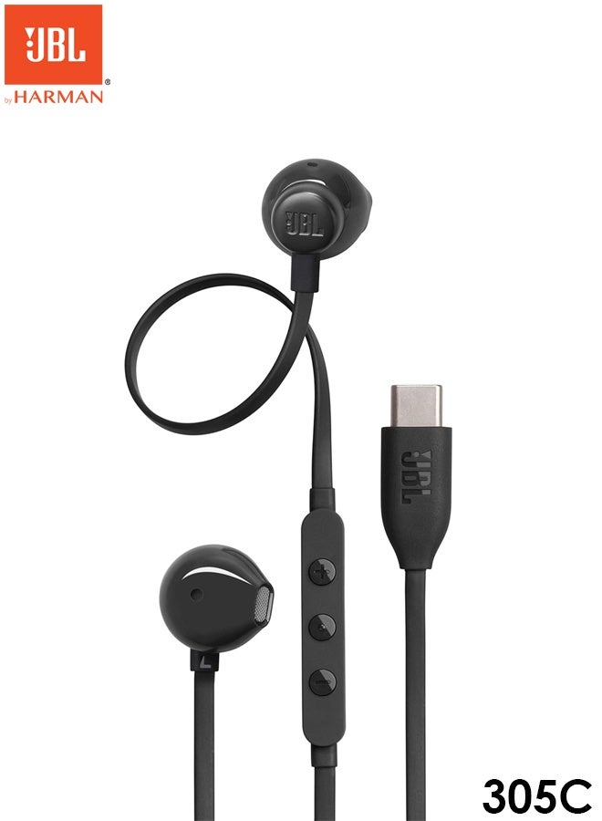 JBL Tune 305C USB-C Earbuds: Hi-Res Audio, 10mm Drivers, JBL Pure Bass, Built-in DAC, 3 EQ Presets, In-Line Remote with Microphone, Comfortable Semi-In-Ear Design, Flat Tangle-Free Cable - Image 1
