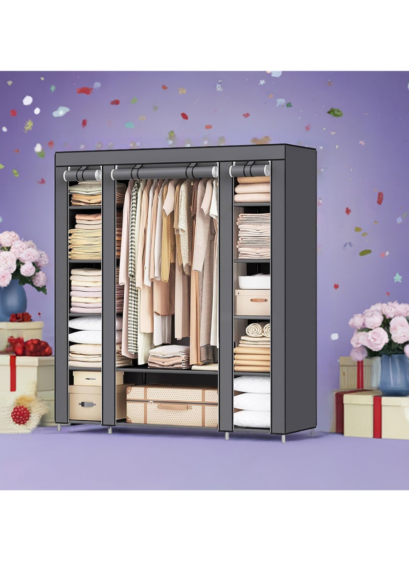 AsolBD AsolBD Double Canvas Wardrobe Cupboard Clothes Hanging Rail Storage Shelves Grey 150 x 175 x 45 cm  - Image 2