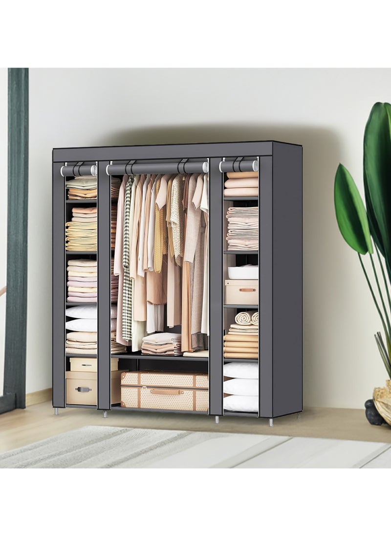 AsolBD AsolBD Double Canvas Wardrobe Cupboard Clothes Hanging Rail Storage Shelves Grey 150 x 175 x 45 cm  - Image 3