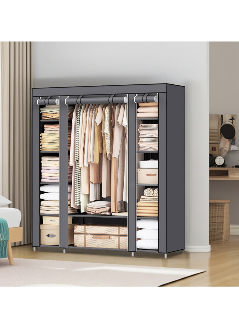 AsolBD AsolBD Double Canvas Wardrobe Cupboard Clothes Hanging Rail Storage Shelves Grey 150 x 175 x 45 cm  - Image 4