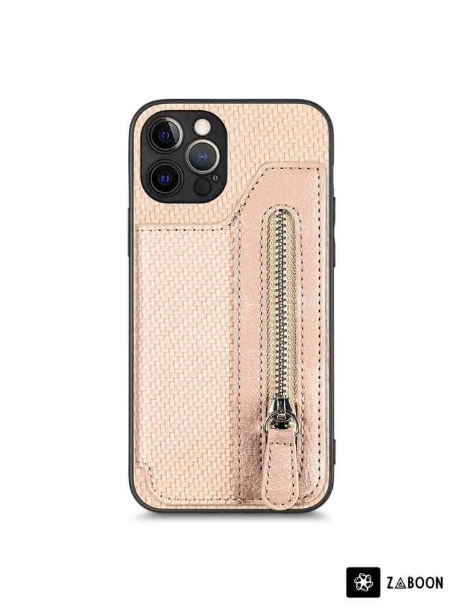 Zaboon حافظة واقية لجهاز iPhone 12 Pro من ألياف الكربون بزاوية أفقية مع سحاب محفظة - Image 1