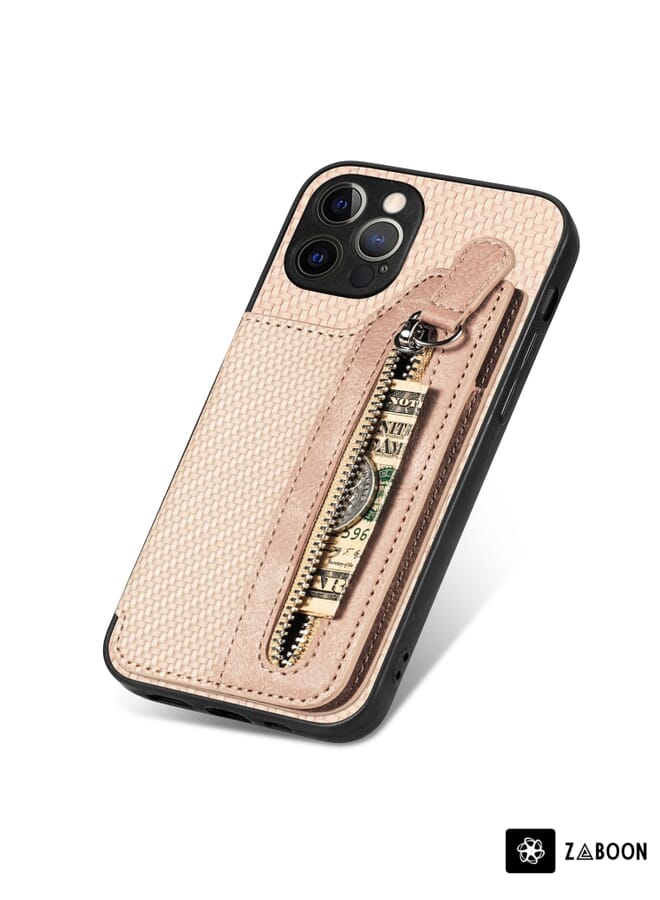 Zaboon حافظة واقية لجهاز iPhone 12 Pro من ألياف الكربون بزاوية أفقية مع سحاب محفظة - Image 4