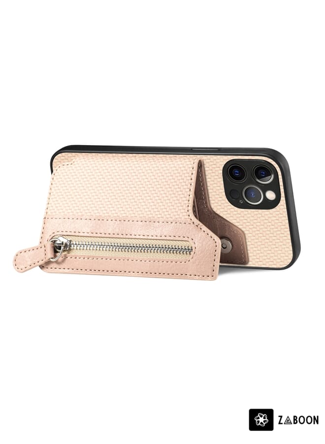 Zaboon حافظة واقية لجهاز iPhone 12 Pro من ألياف الكربون بزاوية أفقية مع سحاب محفظة - Image 2