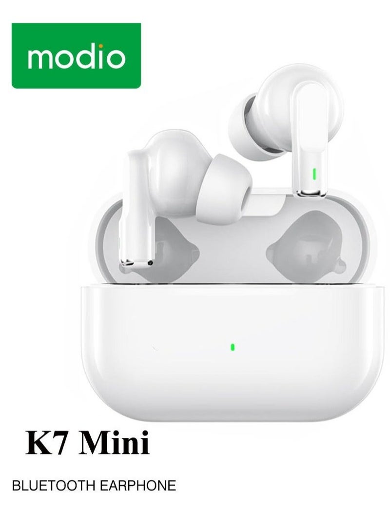 modio K7 Mini True Wireless Earphones with ENC Noise Reduction, Super Bass Sound, HD Clear Microphone, and Multifunctional Touch Control - White - Image 1