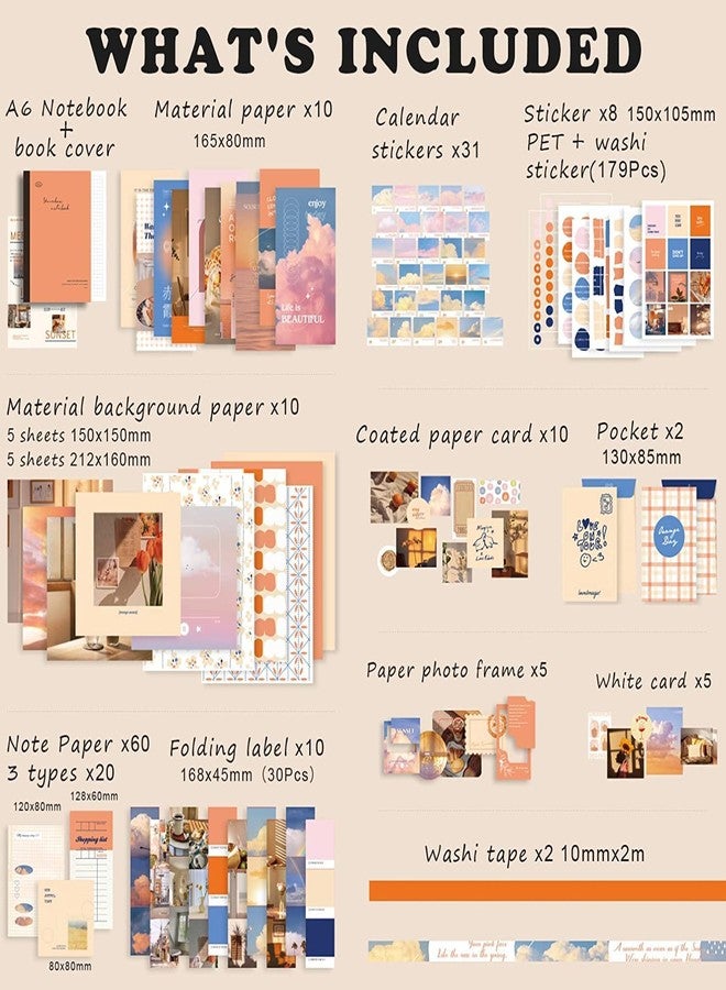Retailio 348 Pcs Scrapbook Kit Vintage Aesthetic Scrapbook Kit for Bullet Junk Journal Stationery A6 Grid Notebook, DIY Journaling Supplies, Birthday Craft Gift (Sunset) - Image 2