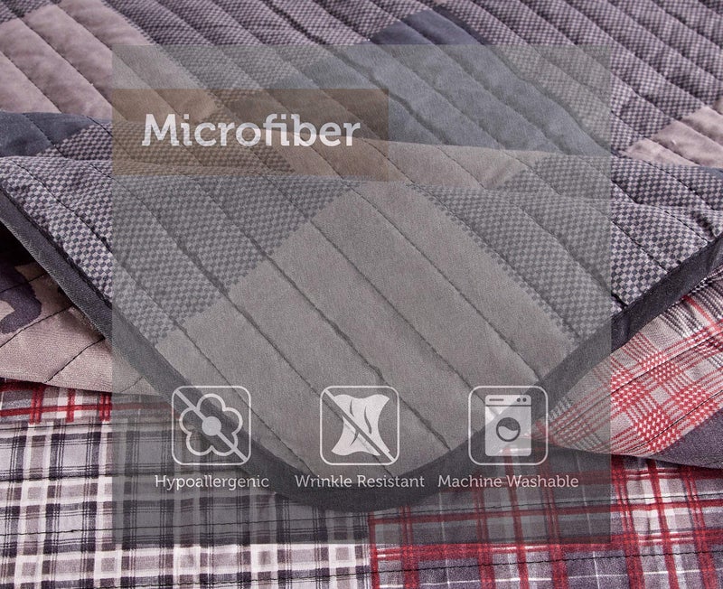 Rugs 4 Less Rustic Log Cabin Lodge Quilted Grey Charcoal Deep Red Reversible Plaid Bear Patchwork Bedspread Coverlet Bedding Set - Plaid Bear (King/Cal-King) - Image 4
