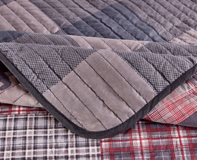 Rugs 4 Less Rustic Log Cabin Lodge Quilted Grey Charcoal Deep Red Reversible Plaid Bear Patchwork Bedspread Coverlet Bedding Set - Plaid Bear (King/Cal-King) - Image 3