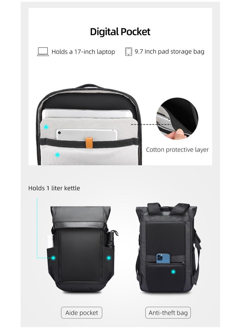 MARK RYDEN Casual backpack with top flap, 25-36 litres, expandable backpack with magnetic buckle, hydrophobic fabric, fits 17.3 inch computer, YKK zip, separate shoe compartment USB, black - Image 5