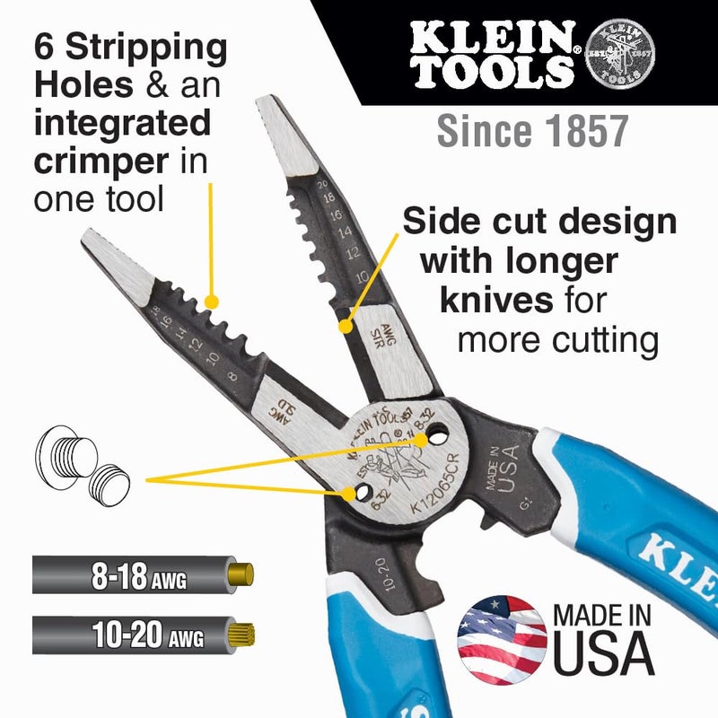 Klein Tools أداة تقطيع / تجريد / ضغط الأسلاك من كلاين تولز K12065CR، مصنوعة في الولايات المتحدة، للتقطيع، التجريد، الضغط، والتواء (8-18 AWG صلب، 10-20 AWG معزول) - Image 2