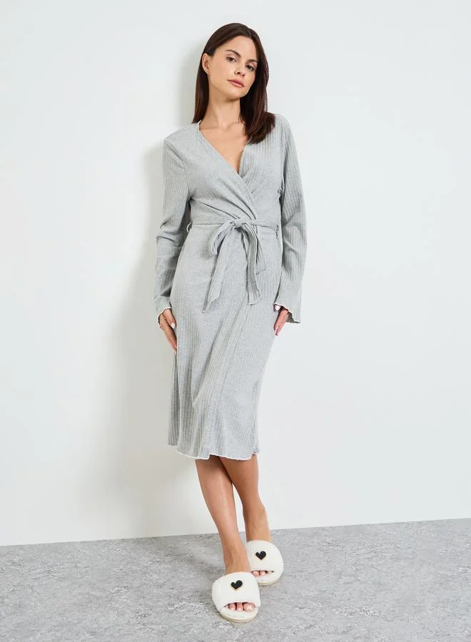 ستايلي Grey Textured Contrast Detail Belted Robe