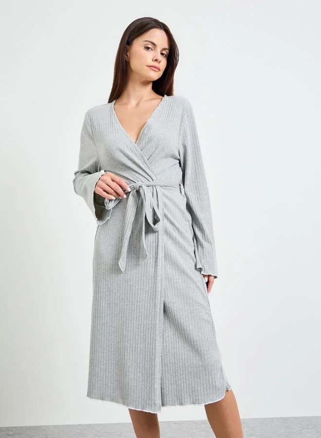 ستايلي Grey Textured Contrast Detail Belted Robe