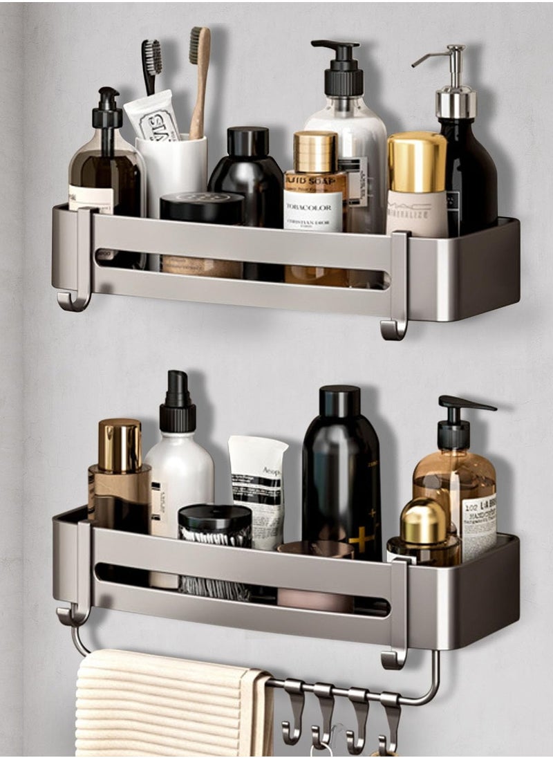 MIXDE 2 Pack Bathroom Shelves with 8 Hooks and Towel Bar, Aluminum Rustproof Bathroom Storage Organizer Shelf Shower Caddy Rack, Bathroom Shower Baskets WallShelves Basket for Bathroom Kitchen (Rectangle)  - Image 1
