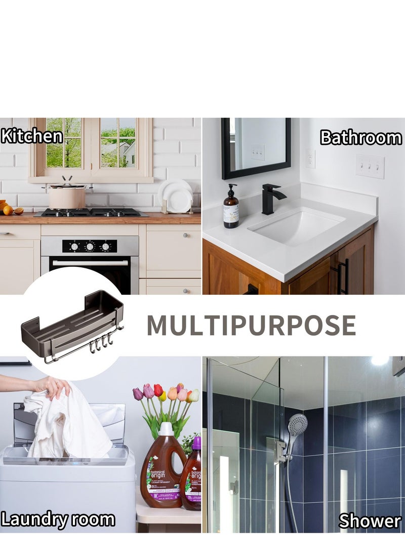 MIXDE 2 Pack Bathroom Shelves with 8 Hooks and Towel Bar, Aluminum Rustproof Bathroom Storage Organizer Shelf Shower Caddy Rack, Bathroom Shower Baskets WallShelves Basket for Bathroom Kitchen (Rectangle)  - Image 2