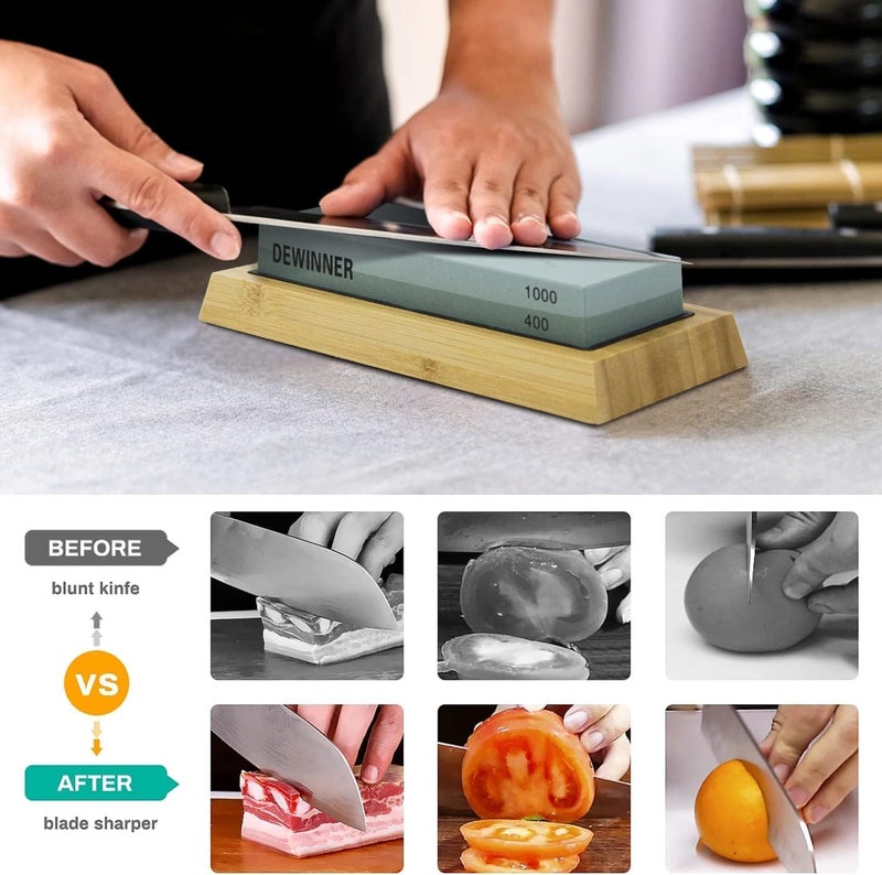DEWINNER Knife Sharpening Stone, Whetstone Includes 4 Side Grit 400/1000 3000/8000, Non-Slip Bamboo Base, Angle Guide, Polishing Compound, Leather Strop, Flattening Whetstone Sharpening Kit - Image 4